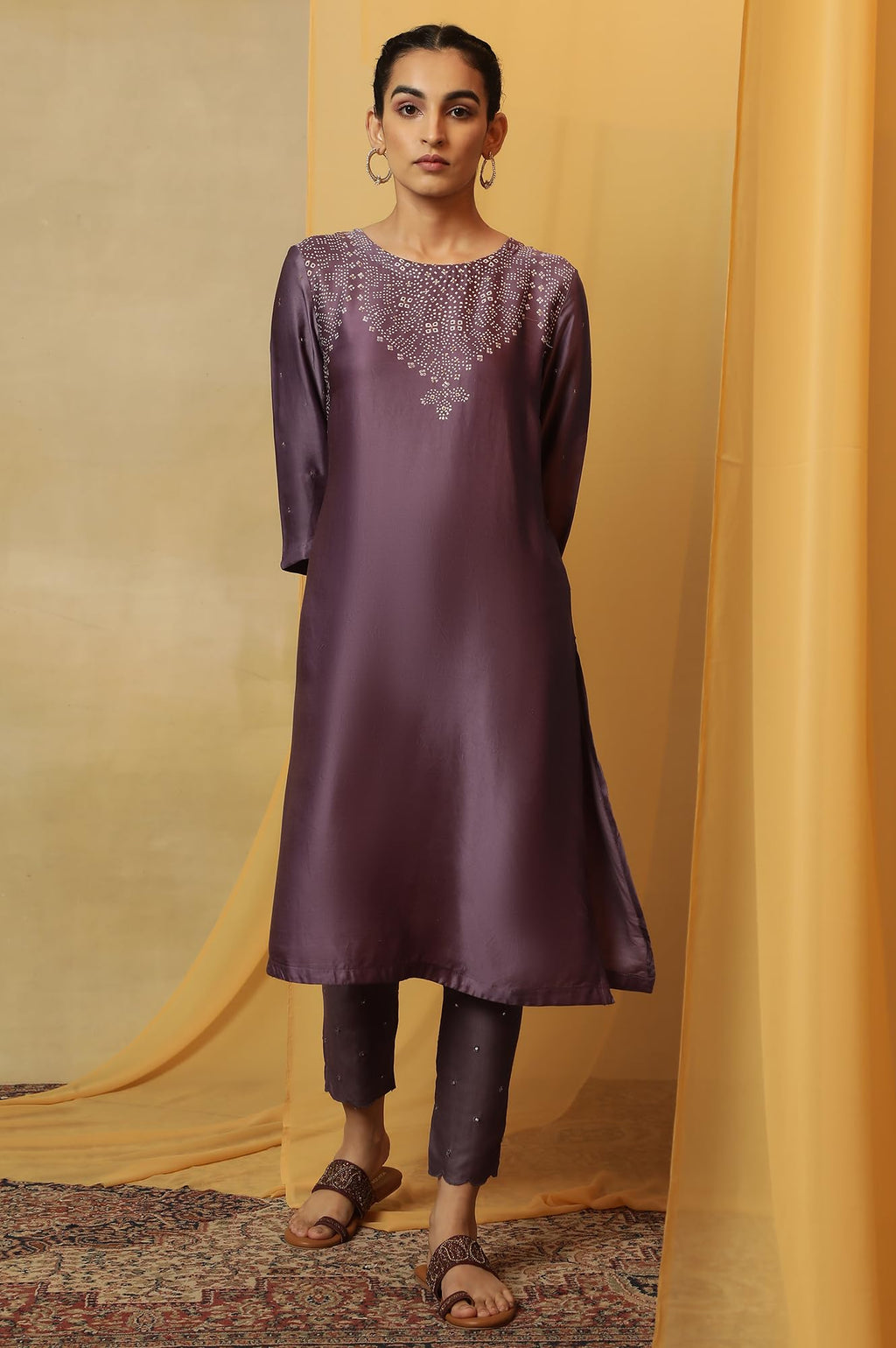 W For Woman Women'S Viscose Bandhej Regular Kurta (23Maf11626-910753_Purple Haze