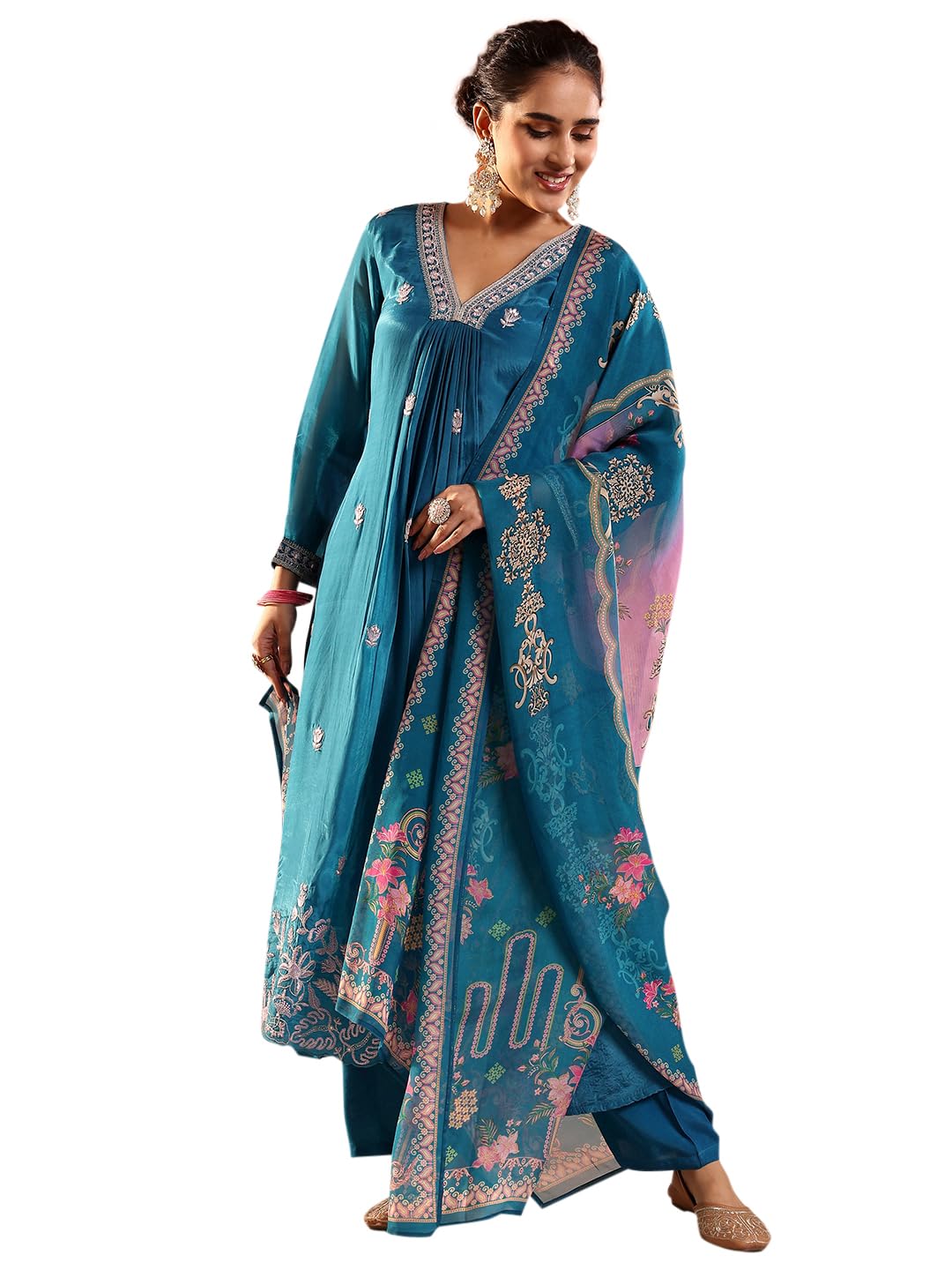Libas Art Blue embellished Poly Crepe A-line Kurta set for Women (51430AXL)
