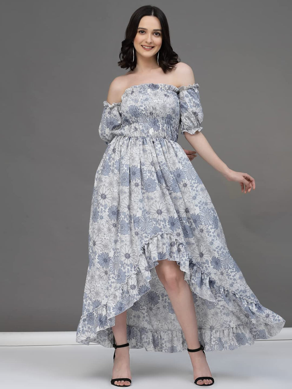 Oomph! Flared Dress For Women Stylish | Long One Piece For Women | Off Shoulder Puff Sleeve Long Dress | Floral Print Maxi One P