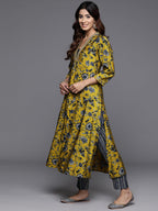 Varanga Women Mustard Floral Printed Embellished Kurta With Bottom And Dupatta  Elegant & Comfortable Ethnic Set For Women
