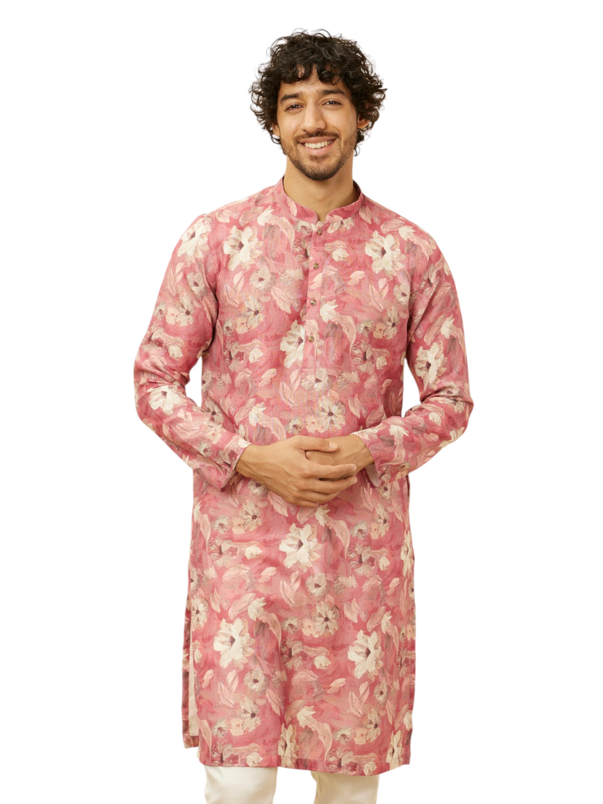 Manyavar MenS Coral Pink Floral Printed Kurta (Xxl)