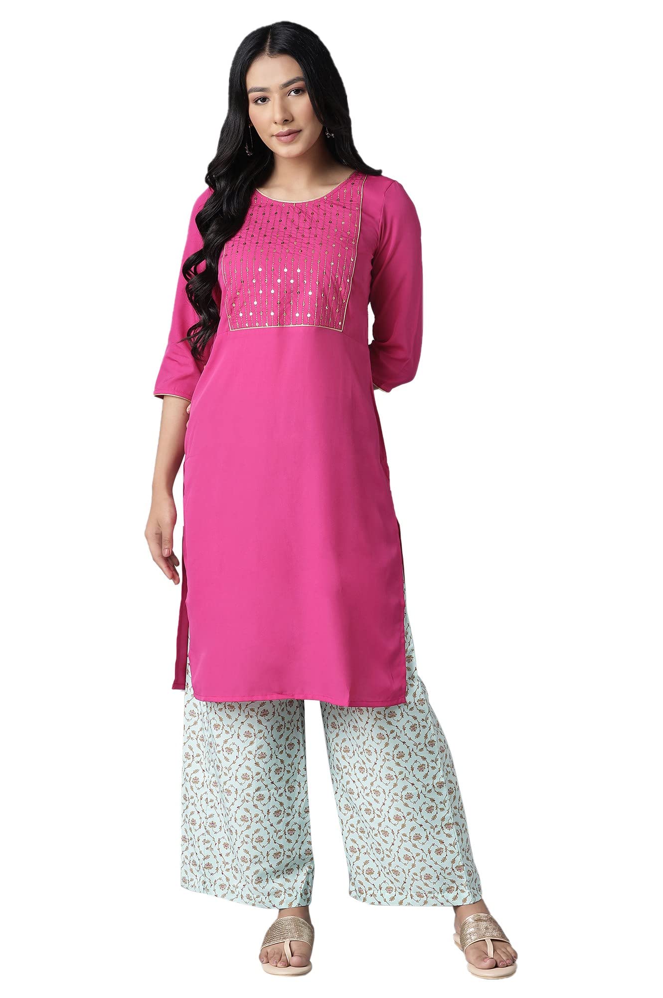 Aurelia Womens Polyester Kurta-Straight Palazzo (21ONAS12899-603860_Pink