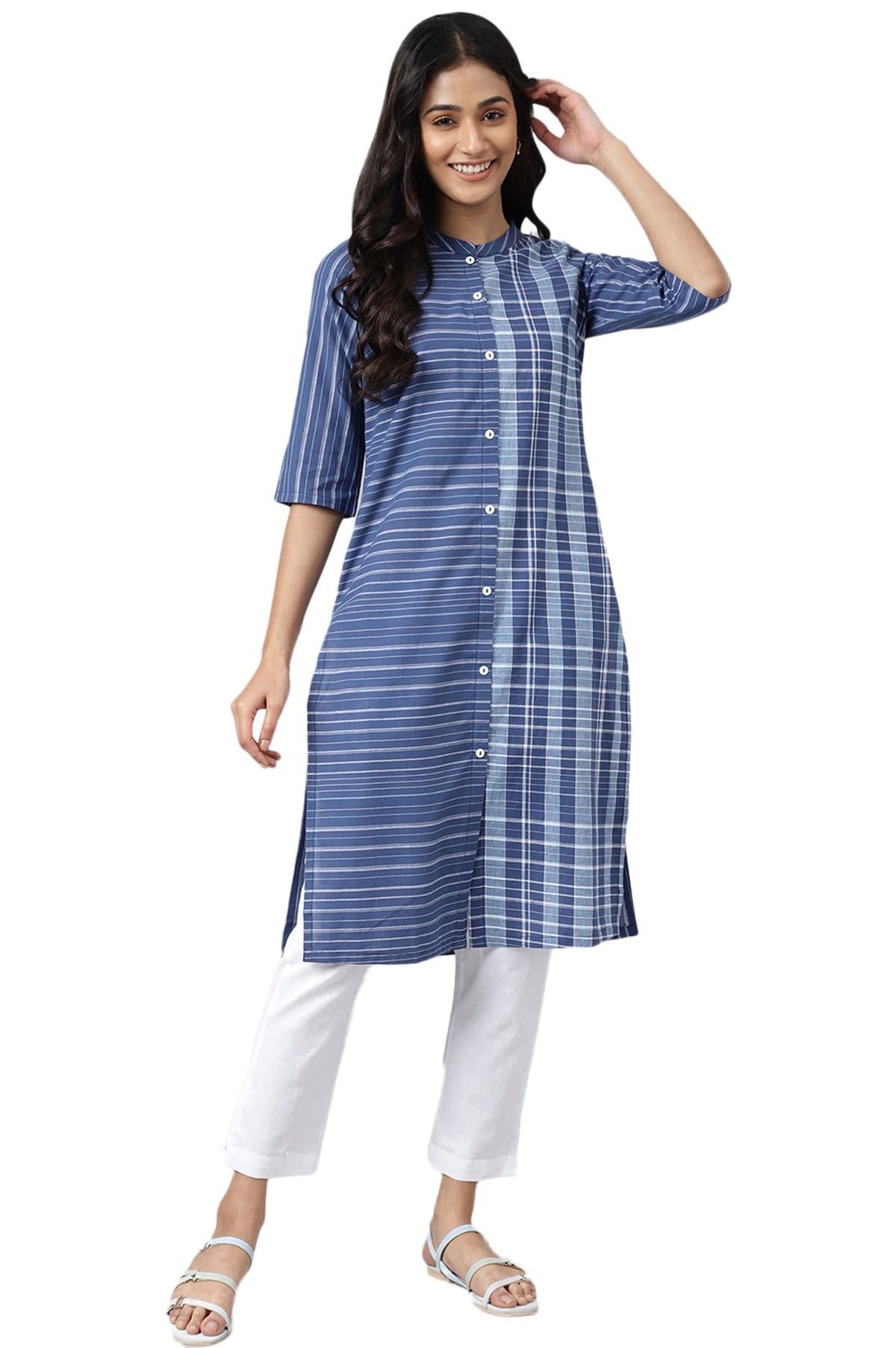 Aurelia Womens Cotton Geometric Regular Shirt (23AUA13368-703590_Deep Blue