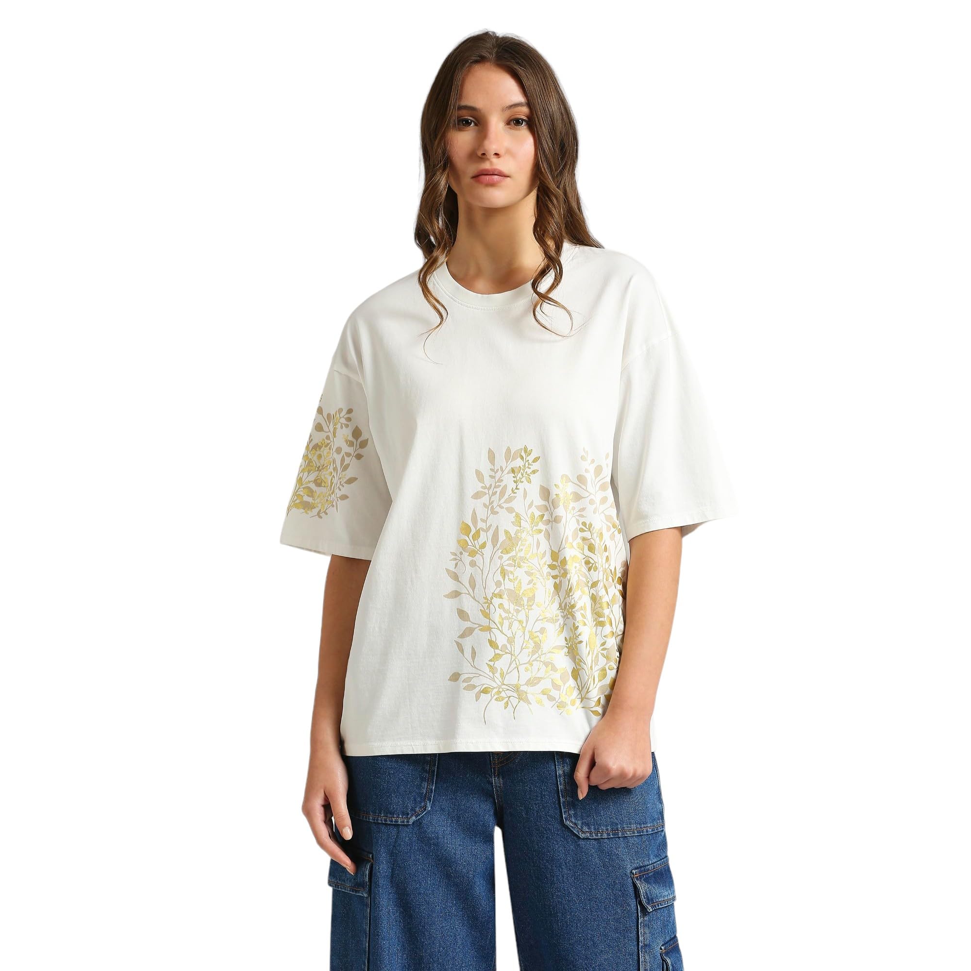 Pepe Jeans Women Cotton Floral Oversized Fit T-Shirt (Pl505909_Mousse White)