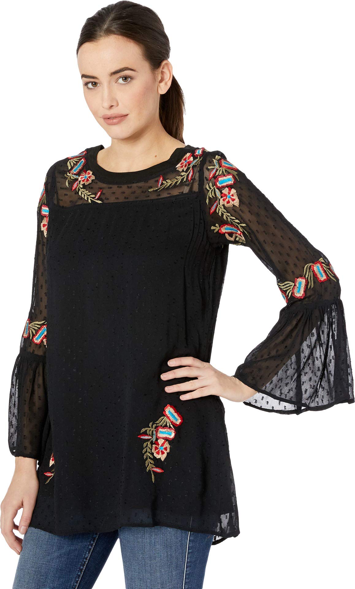 SWISS DOT TUNIC W/EMB & RUFFLE SLEEV