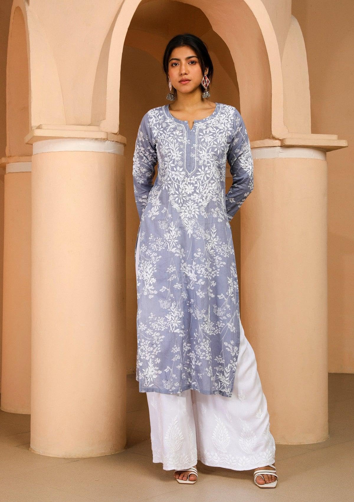 Gosriki Women'S Cotton Blend Chikankari Embroidered Straight Kurta (Zainab Grey-Nw-Gs_L_Grey_Large)