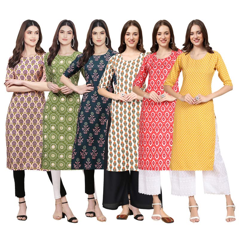 Pinkmint Womens Crepe Digital Print Straight Kurta [Pack of 6](QV-332-338-335-352-346-350-XXL)