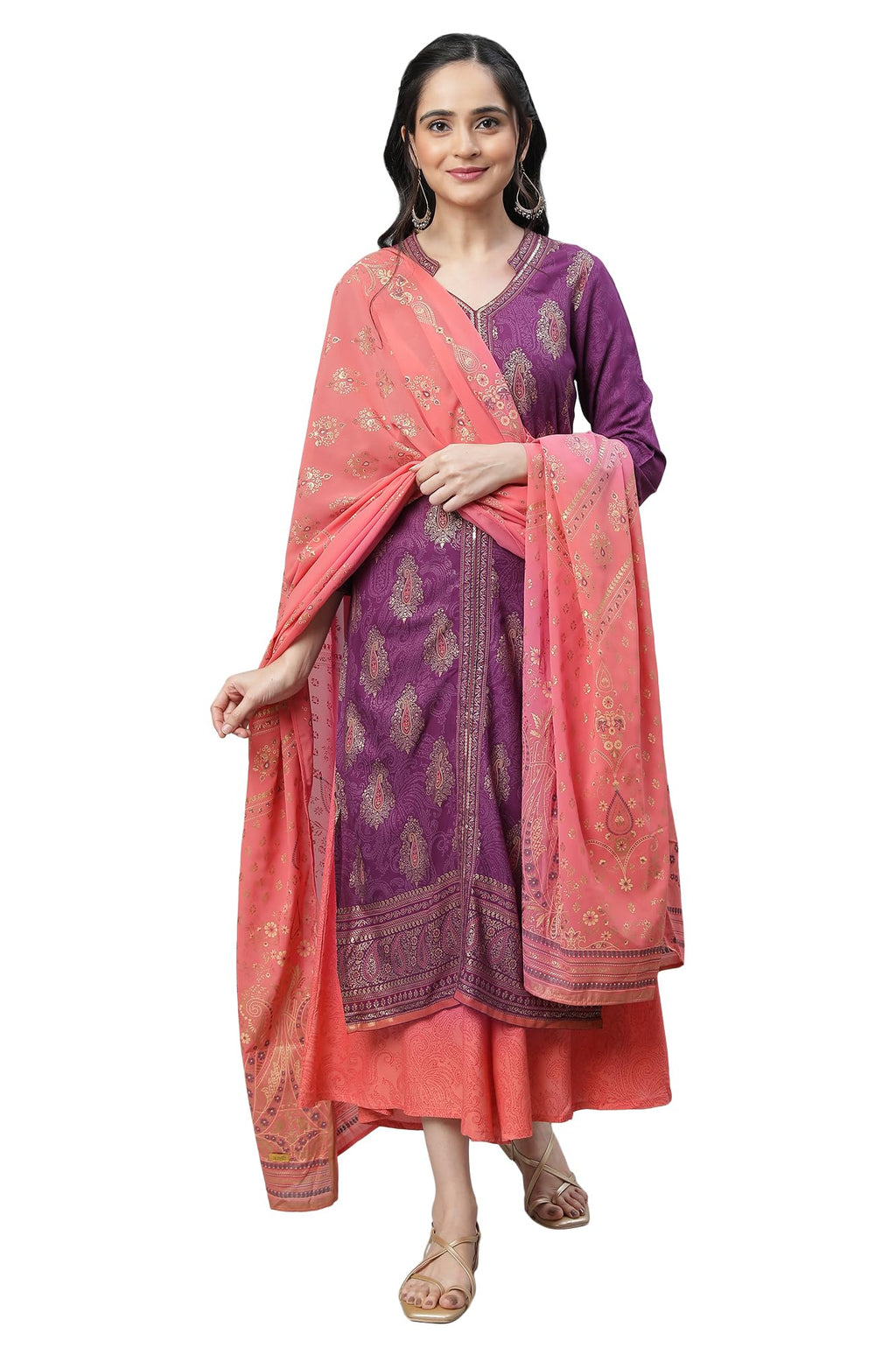 Aurelia Purple Festive Printed Kurta, Culottes & Dupatta Set (Size: S)-22Feas14360-504247