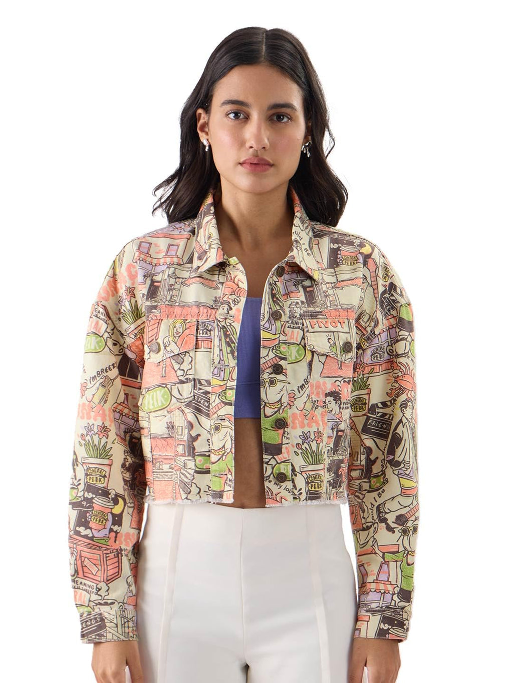 The Souled Store Official F.R.I.E.N.D.S: Doodle Women and Girl Long Sleeve Collared Neck Button Front All Over Print Oversized F