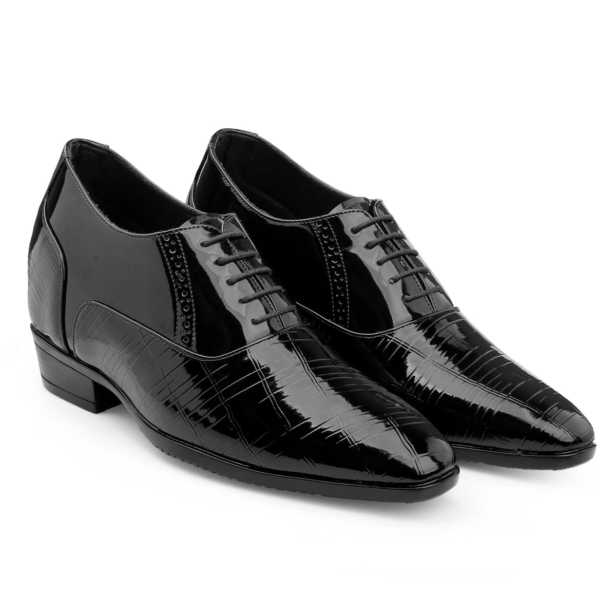BXXY Mens 3.54 Inch Hidden Height Increasing Patent Leather Material, Black Casual Formal Laceup Brogue Oxford Shoe. 8 UK 8