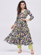 Tissu WomenS Rayon Blue & Green Floral Printed Angrakha Kurta