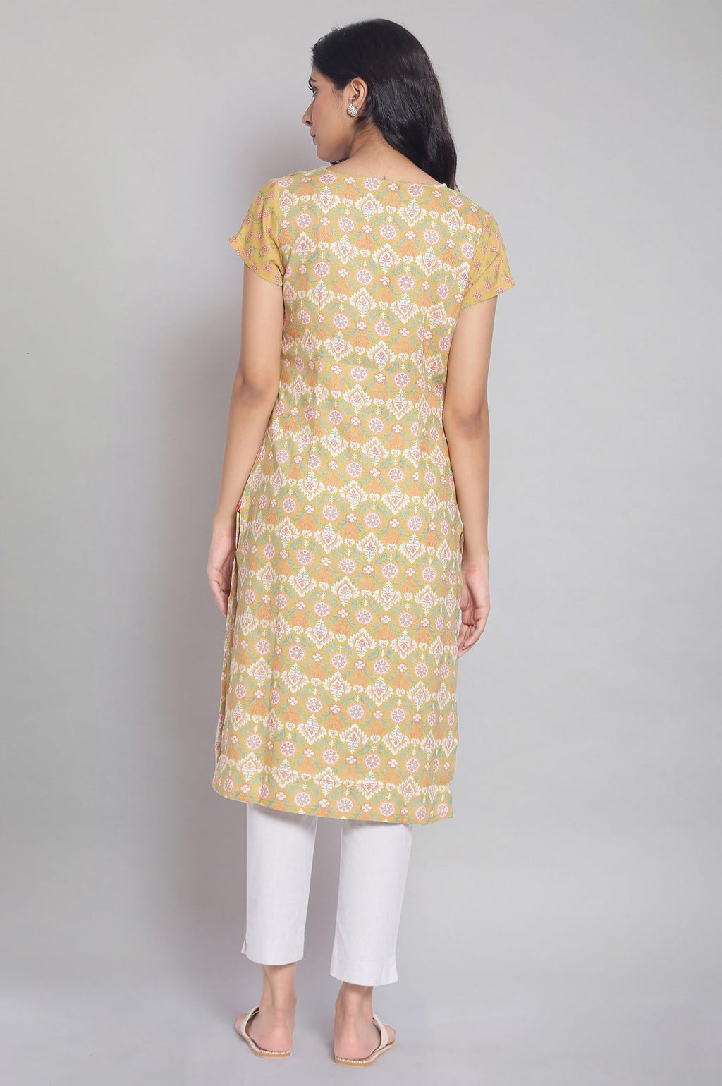 W For Woman Dark Yellow Floral Printed Regular Kurta