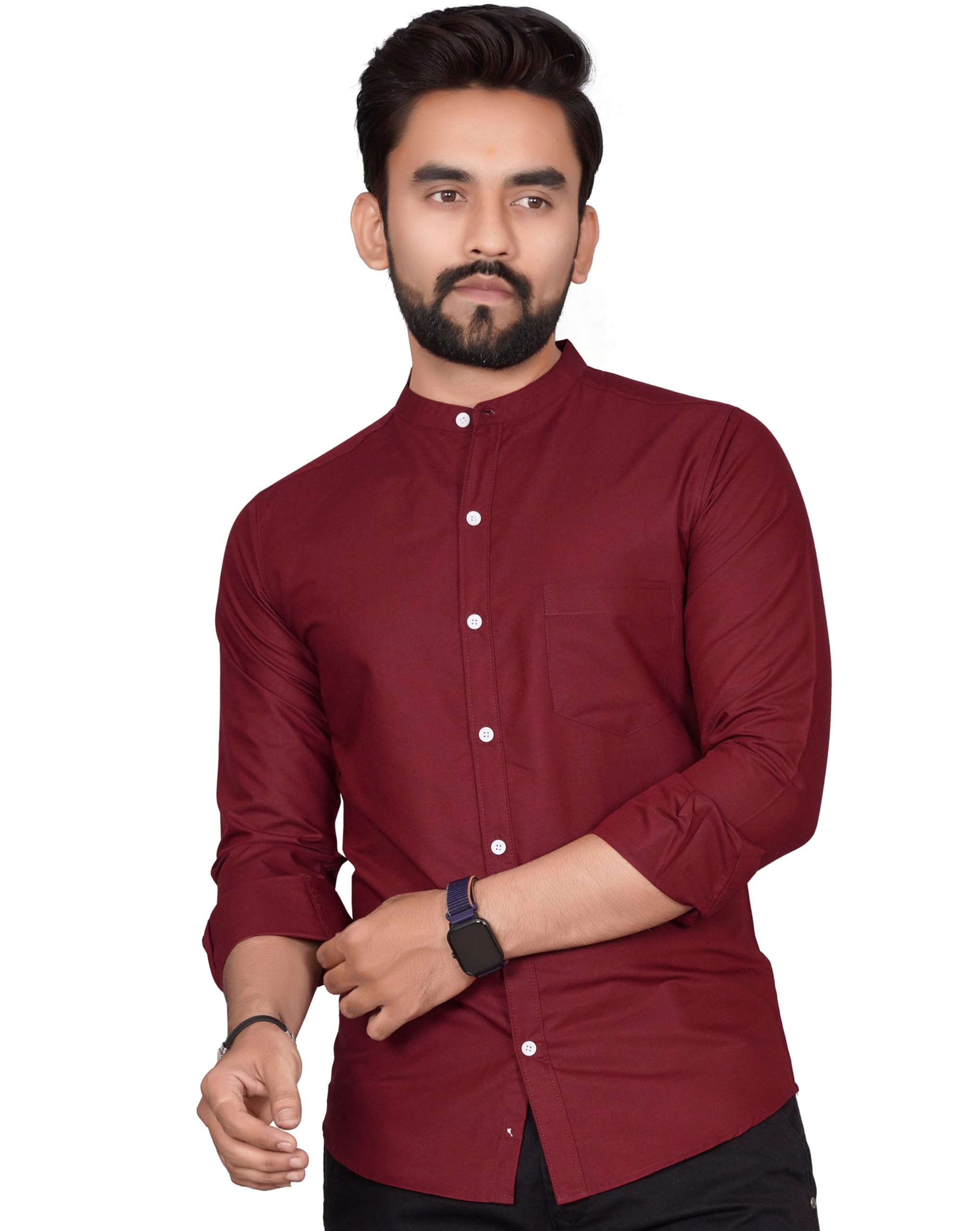 Besix MenS Regular Fit Solid Cotton Shirt | Chinese Collar | Casual | Plain | Branded | Mandarin Collar | Full Sleeve | Summer 