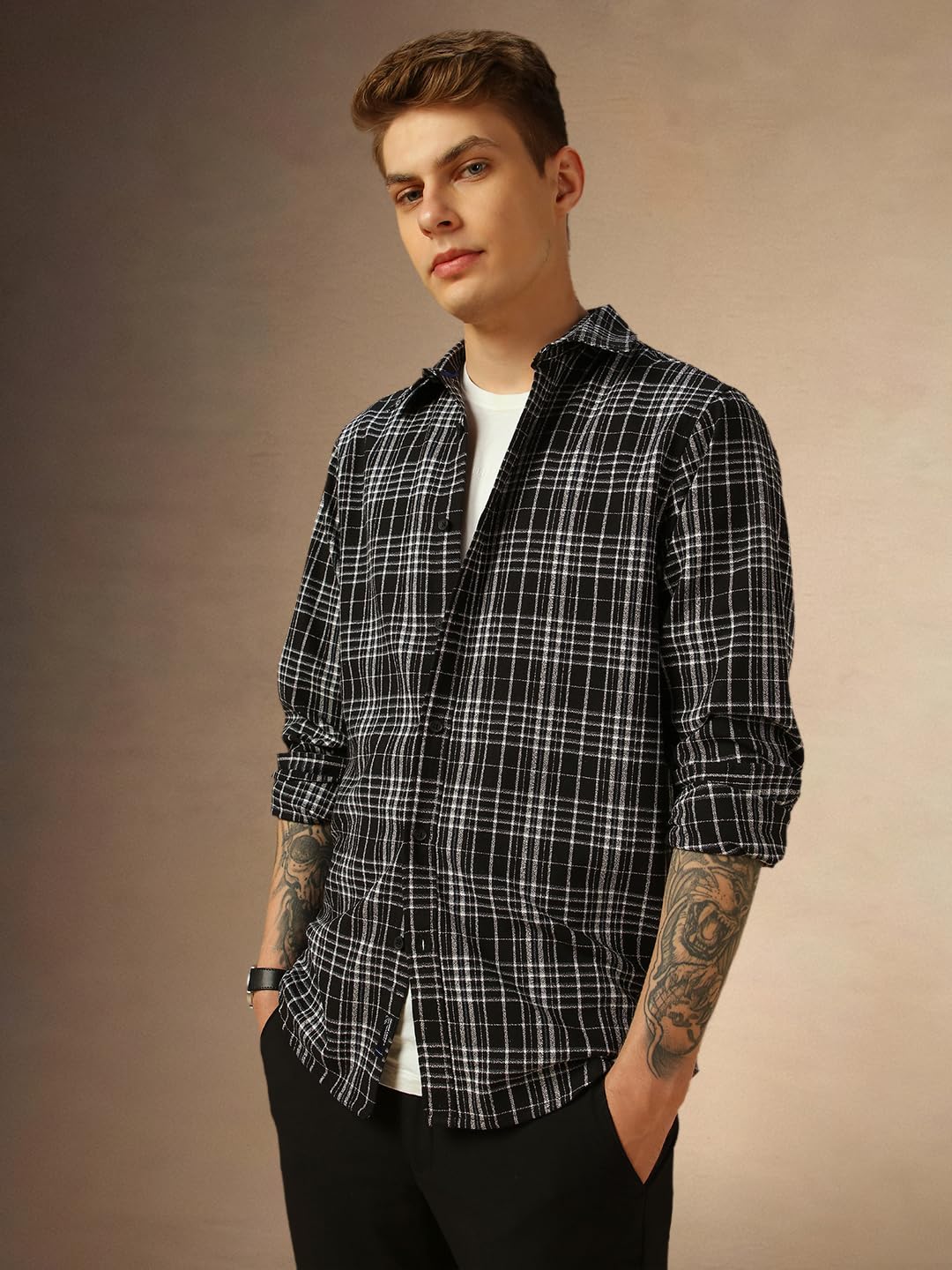 Dennis Lingo Men Black Checks Cotton Regular Fit Full Sleeve Shirts