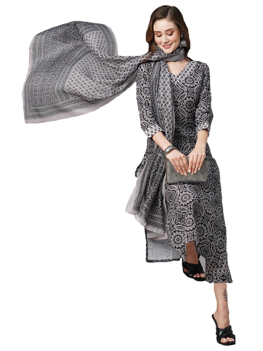 ANNI DESIGNER Womens Cotton Blend Straight Printed Kurta with Pant & Dupatta (Nihira Cream-7NW_S_Black_Small)