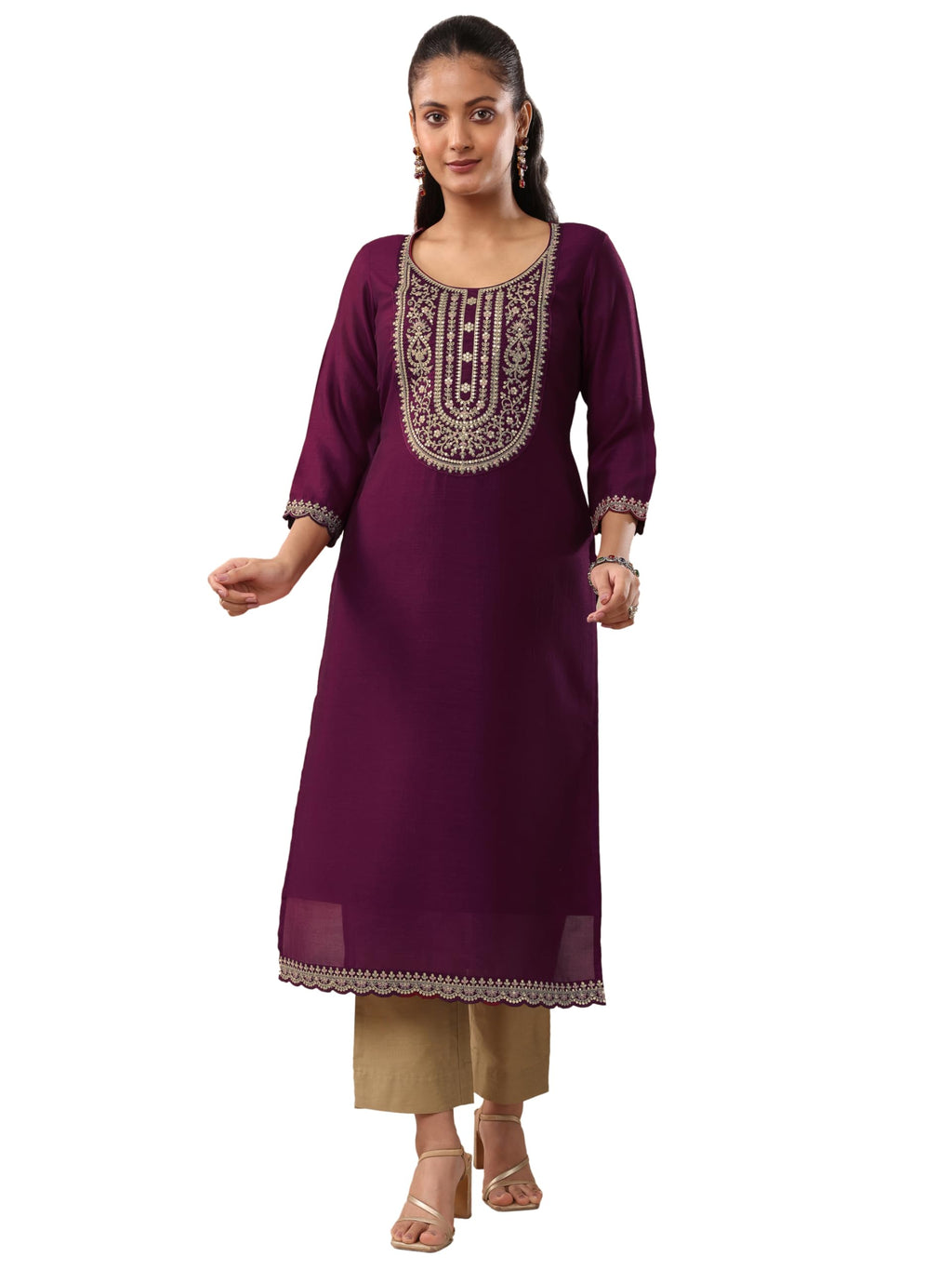 Libas Womens Silk Blend Yoke Design Straight Calf Length (58350_Burgundy