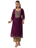 Libas Womens Silk Blend Yoke Design Straight Calf Length (58350_Burgundy