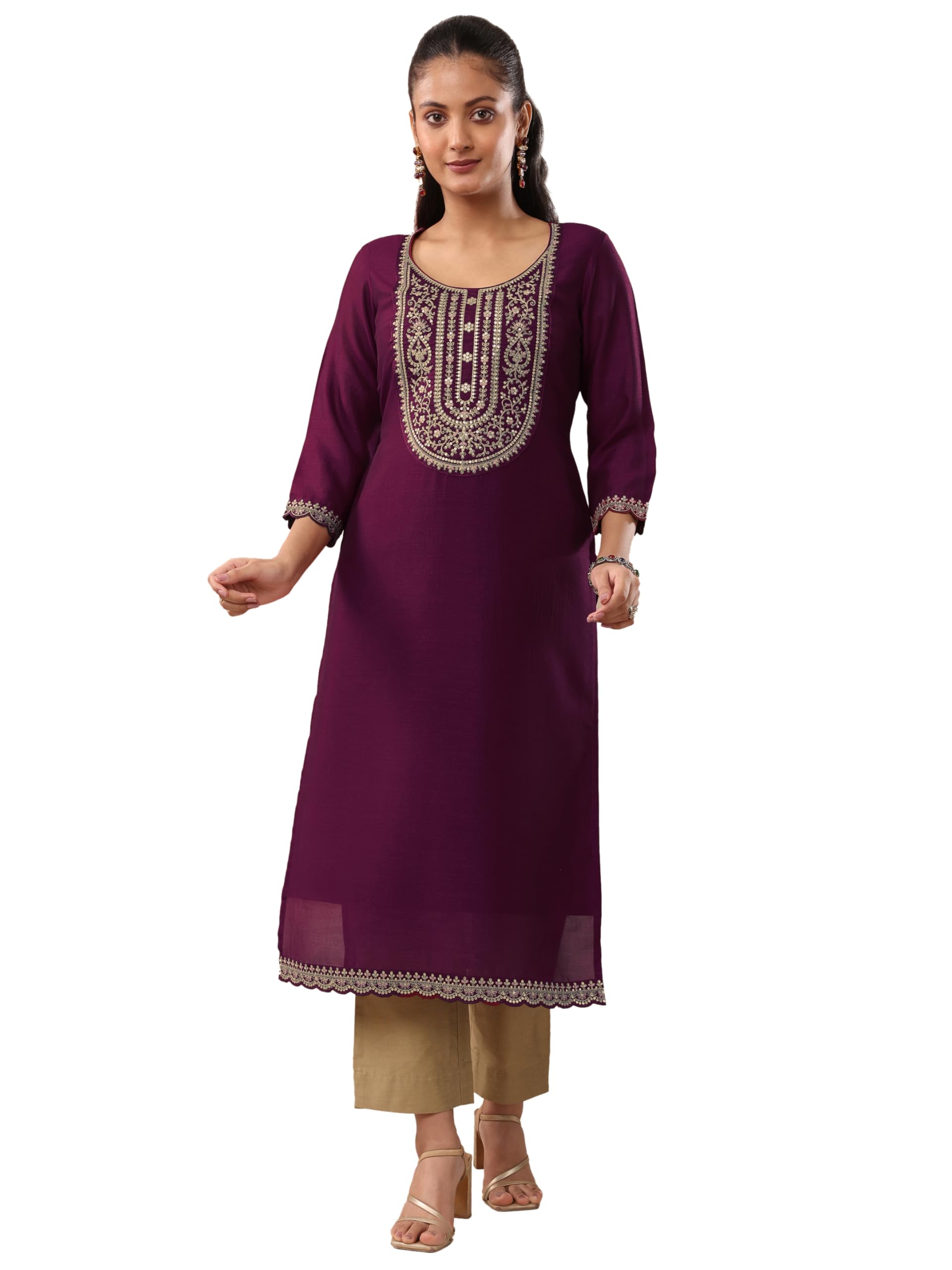 Libas Womens Silk Blend Yoke Design Straight Calf Length (58350_Burgundy