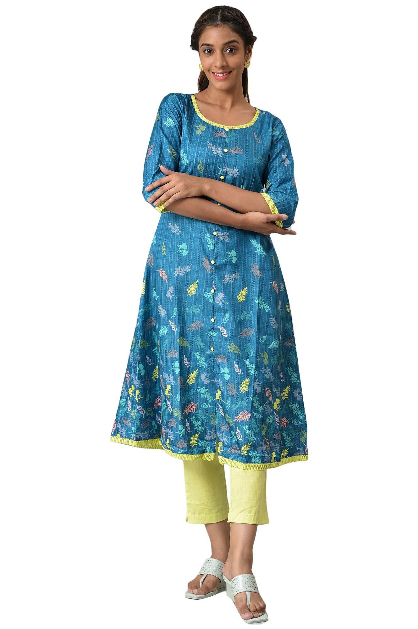 Blue A-Line Floral Print Kurta