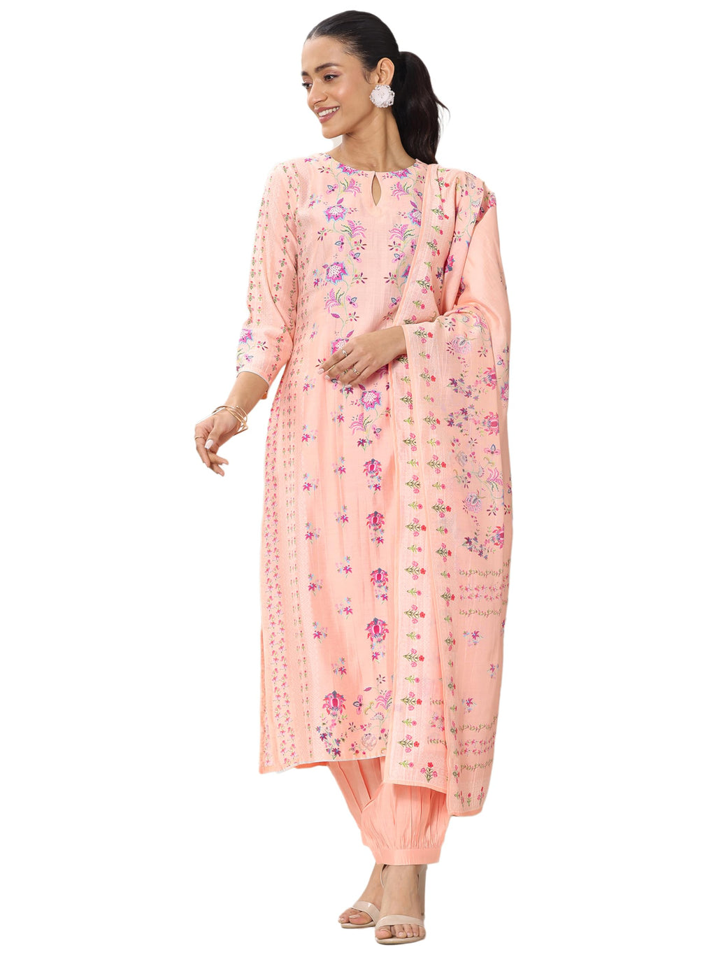 Libas Womens Printed Silk Blend Straight Kurta With Salwar And Dupatta