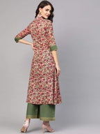 Idalia Floral Print A-Line Kurta Set With Palazzo - Cotton A-Line Kurtas For Women, 3/4 Sleeve, Mandarin Collar, Calf Length