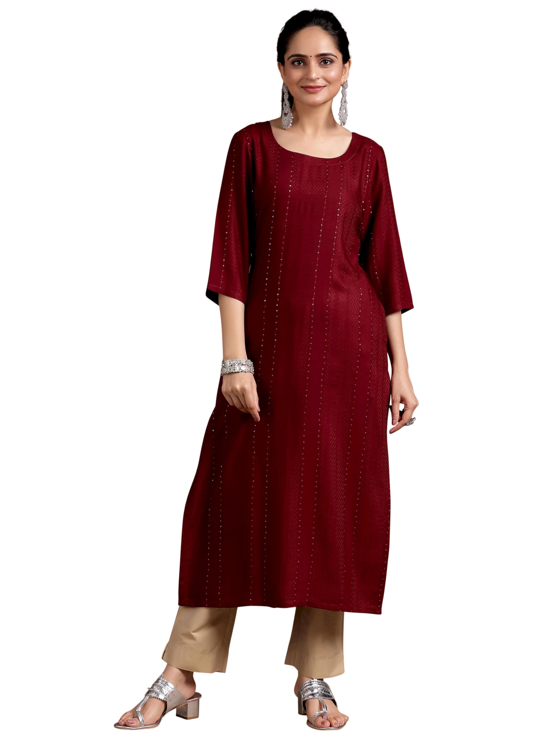 Libas Red Embellished Woven Viscose Straight Kurta for Women (29238O0RM)