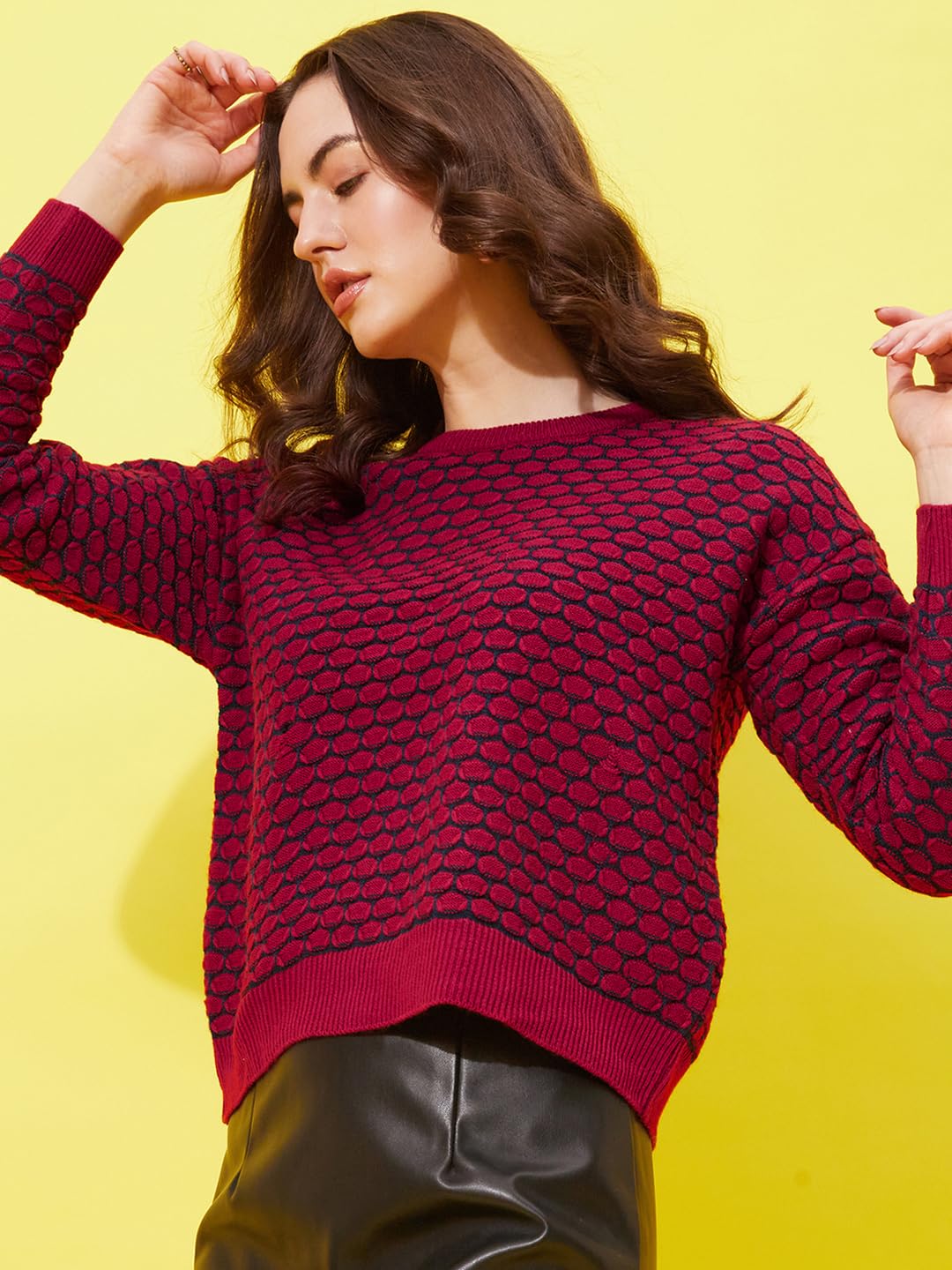 Modeve Self Design Round Neck Casual Women Crop Top Sweater||Winterwear|| Red