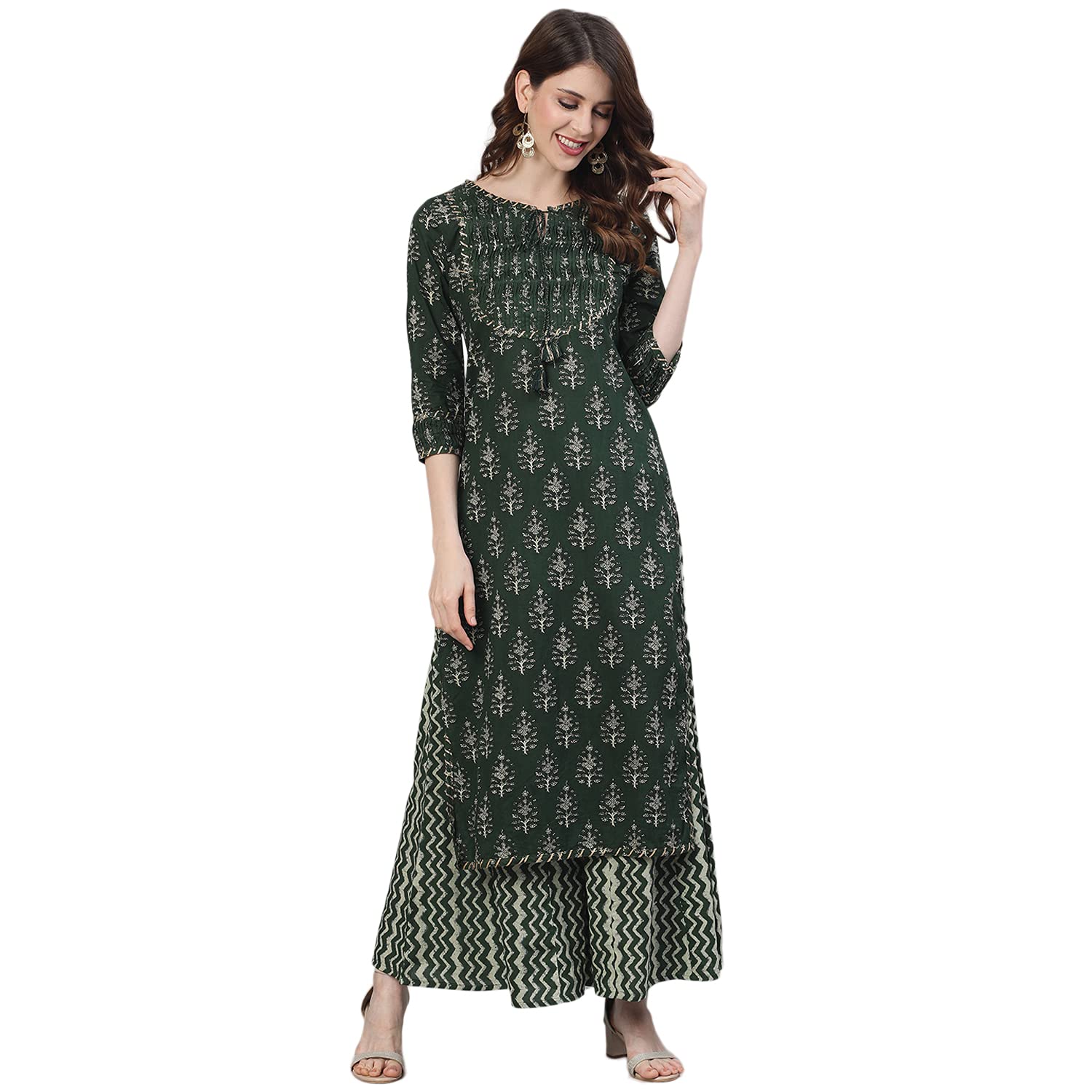 Ishin Women'S Pure Cotton Printed A-Line Kurta Suit Set With Palazzo Emkplpmmp-3012_S_Green