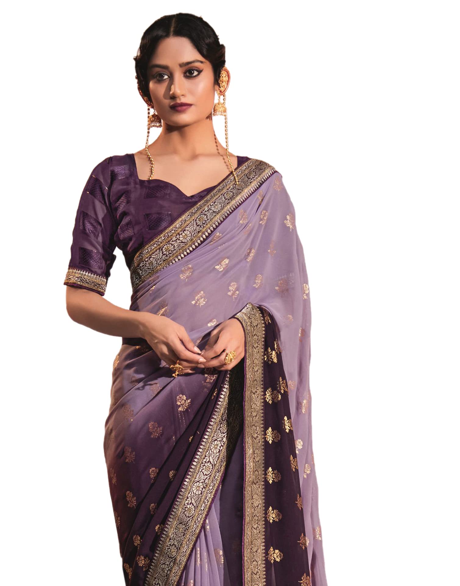 Satrani Womens Printed & Embellished Georgette Saree with Unstitched Blouse Piece