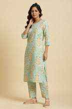 W For Woman Light Green Floral Printed Kurta, Pants & Dupatta Set (Size: 2Xl)-23Auws10121-122679
