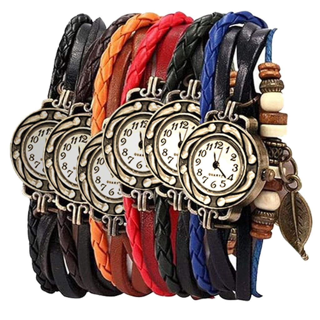 yunanwa Pack of 6 Women's Watches Vintage Wrap Around Bead Leaf Bracelet Quartz Wholesale Set