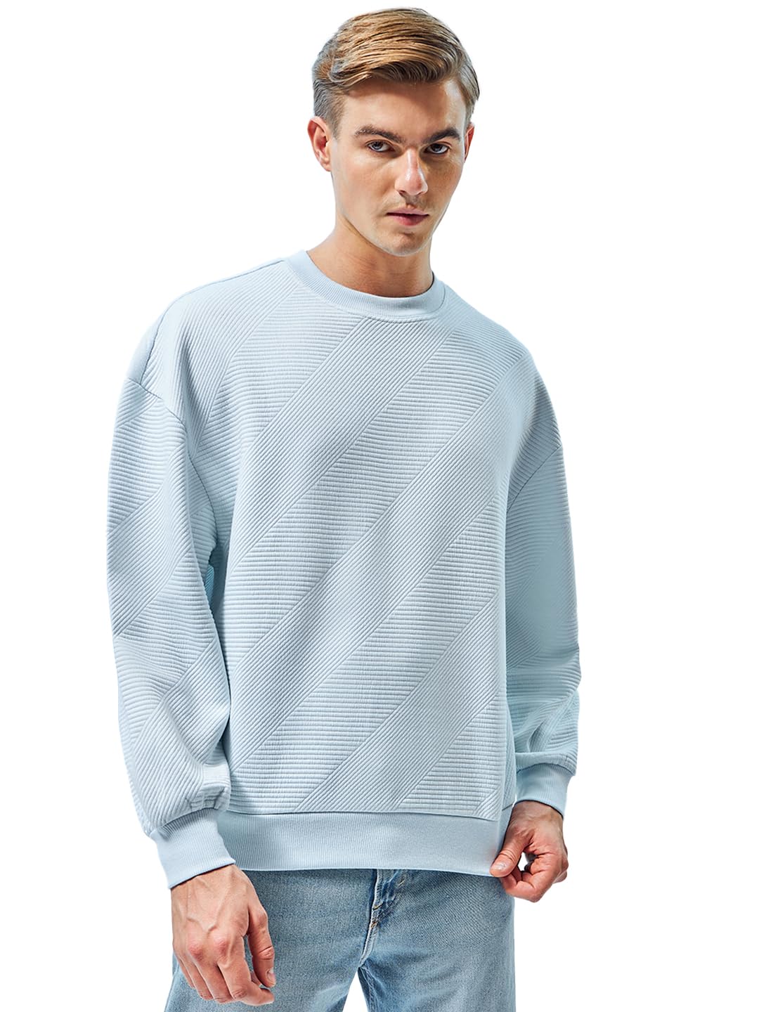 Bewakoof Mens Solid Polyester Sweatshirt - Oversized Fit, Round Neck, Full Sleeves_602510_Blue_L