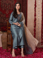 ANNI DESIGNER Women s Plain Viscose Straight Kurta with Trousers and Dupatta, grey, 3XL