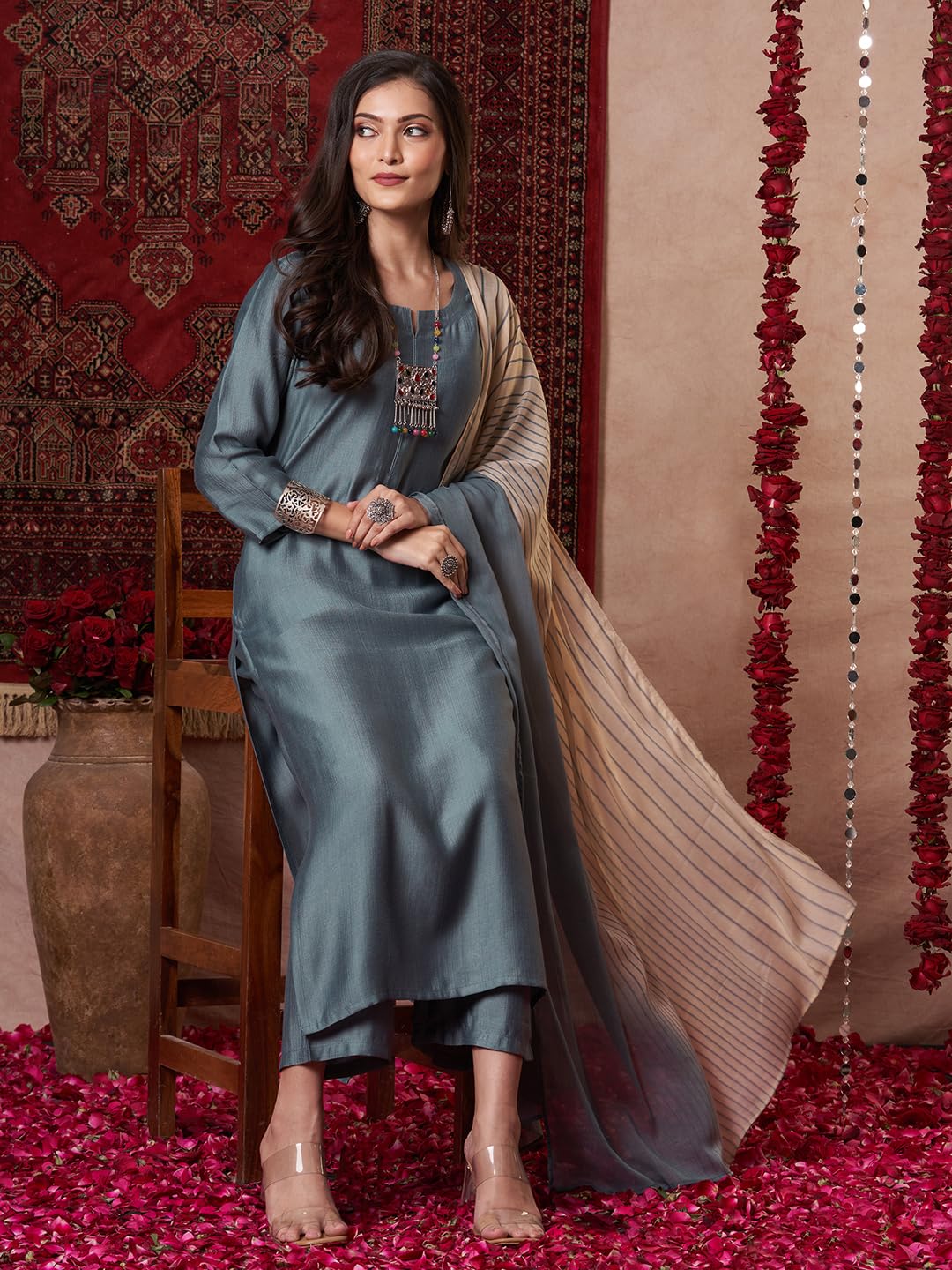 ANNI DESIGNER Women s Plain Viscose Straight Kurta with Trousers and Dupatta, grey, 3XL
