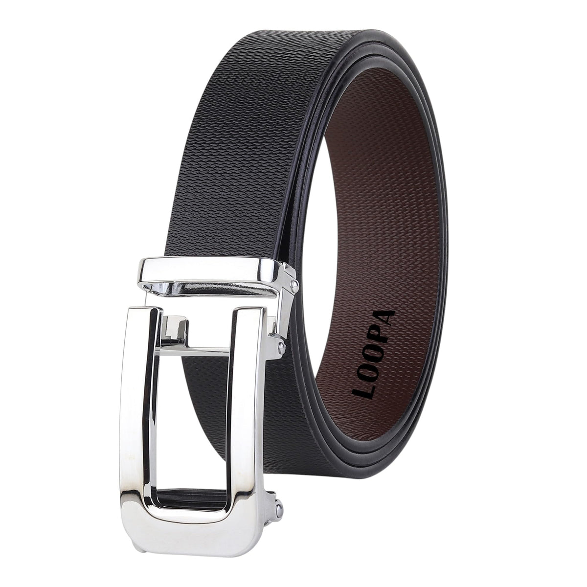 Loopa MenS Textered Genuine Leather Reversible Belt With Metallic Auto Lock Buckle Black Color Belt (Black, 28) 28