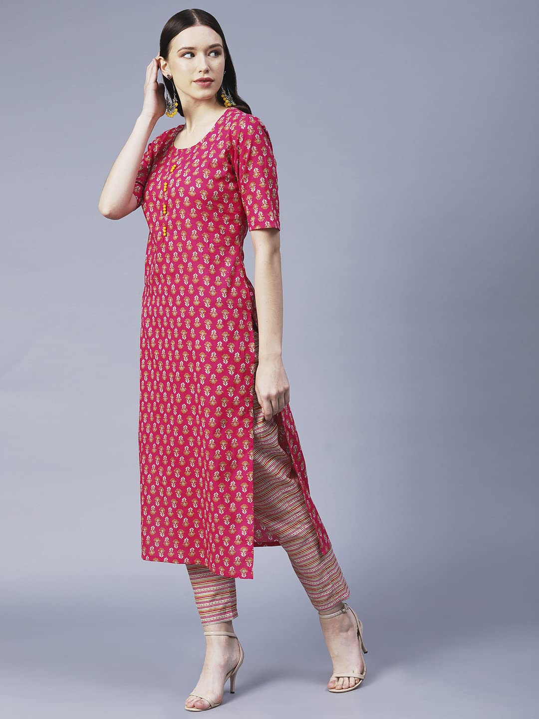 Gosriki Women'S Cotton Blend Printed Straight Kurta With Pant (Prnea-Gs)