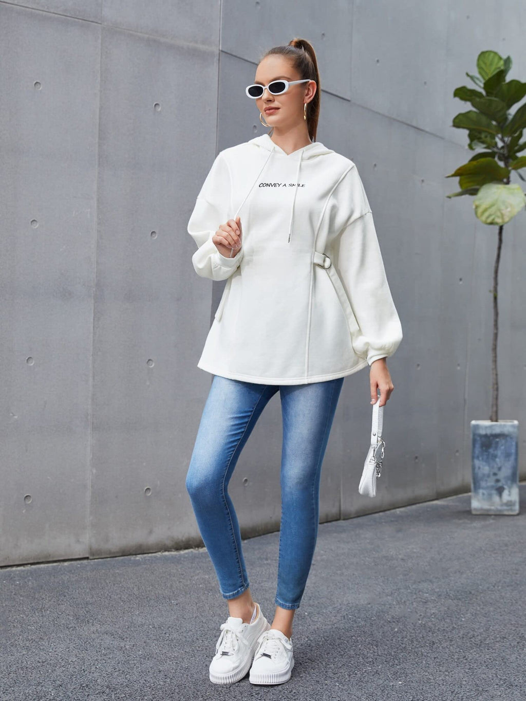 Toplot WomenS Woolen Long Typographic Printed White Hoodie With Hooded Neck