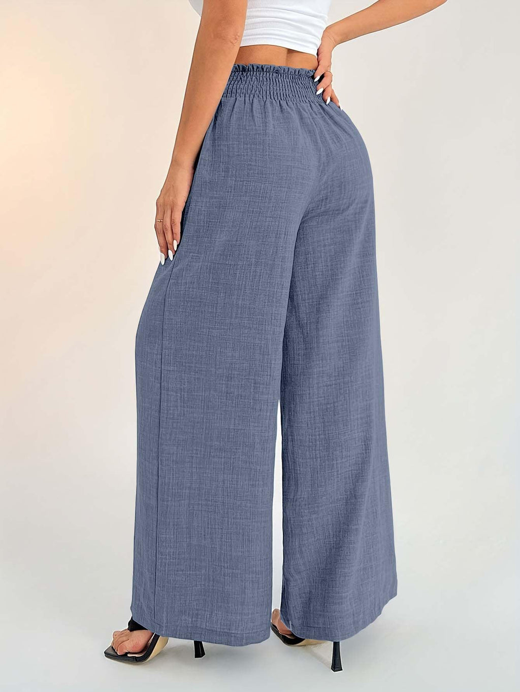 Sugathari Womens Denim Blue Casual Wide Leg Pants  High Waist Elastic Waistband Loose Fit Long Trousers | Lightweight Straight