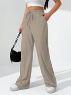 Sugathari Womens Beige Loose Wide-Leg Pants with Textured Wrinkled Fabric and Drawstring Waist Long Trousers (Trouser 157 Beige