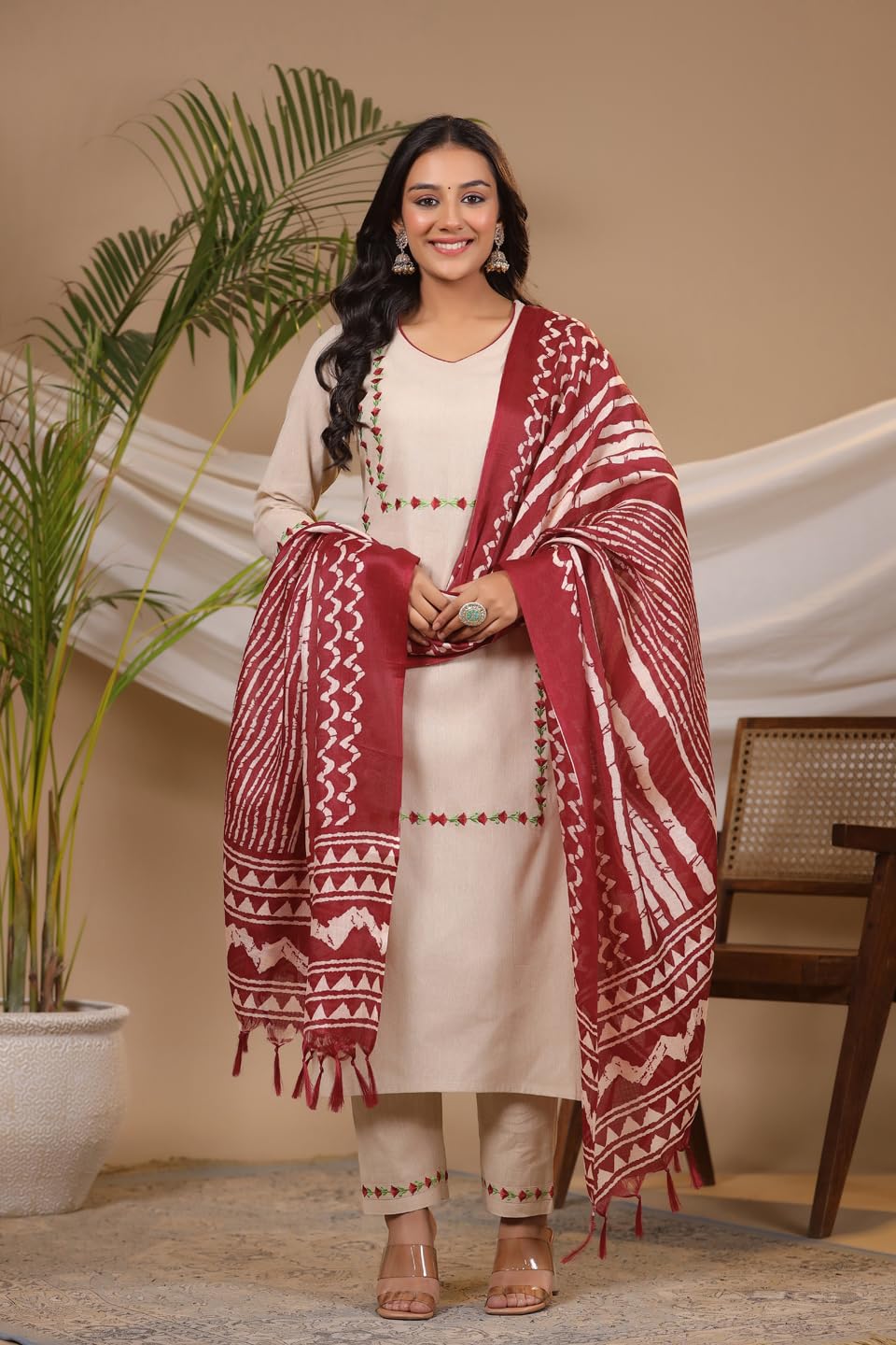 ANNI DESIGNER Ladies Cotton Kurta with Trousers and Dupatta, beige, M