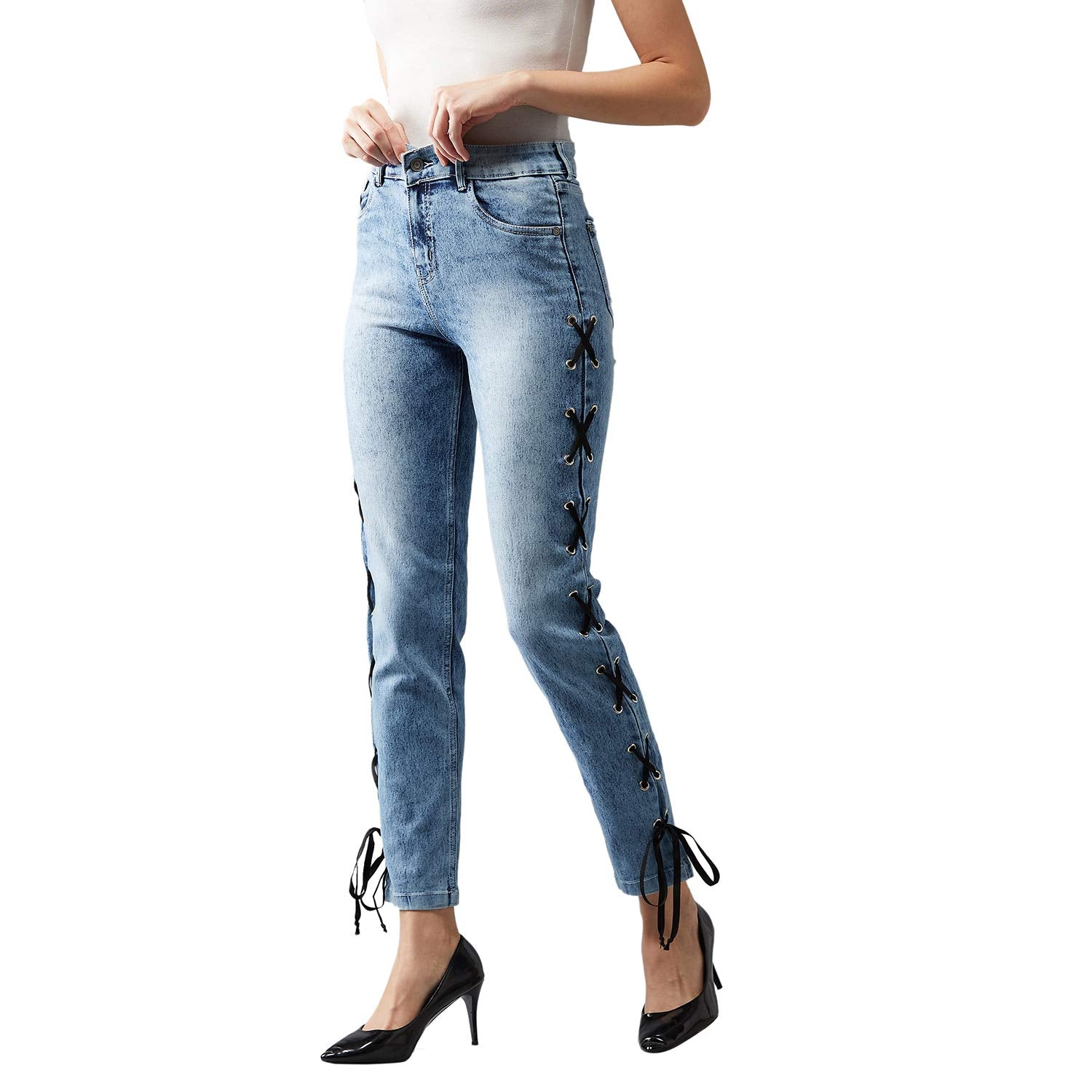Dolce Crudo Womens Light Blue Slim Fit High Rise Clean Look Twill Tape and Eyelet Detailing Regular Length Stretchable Denim Je