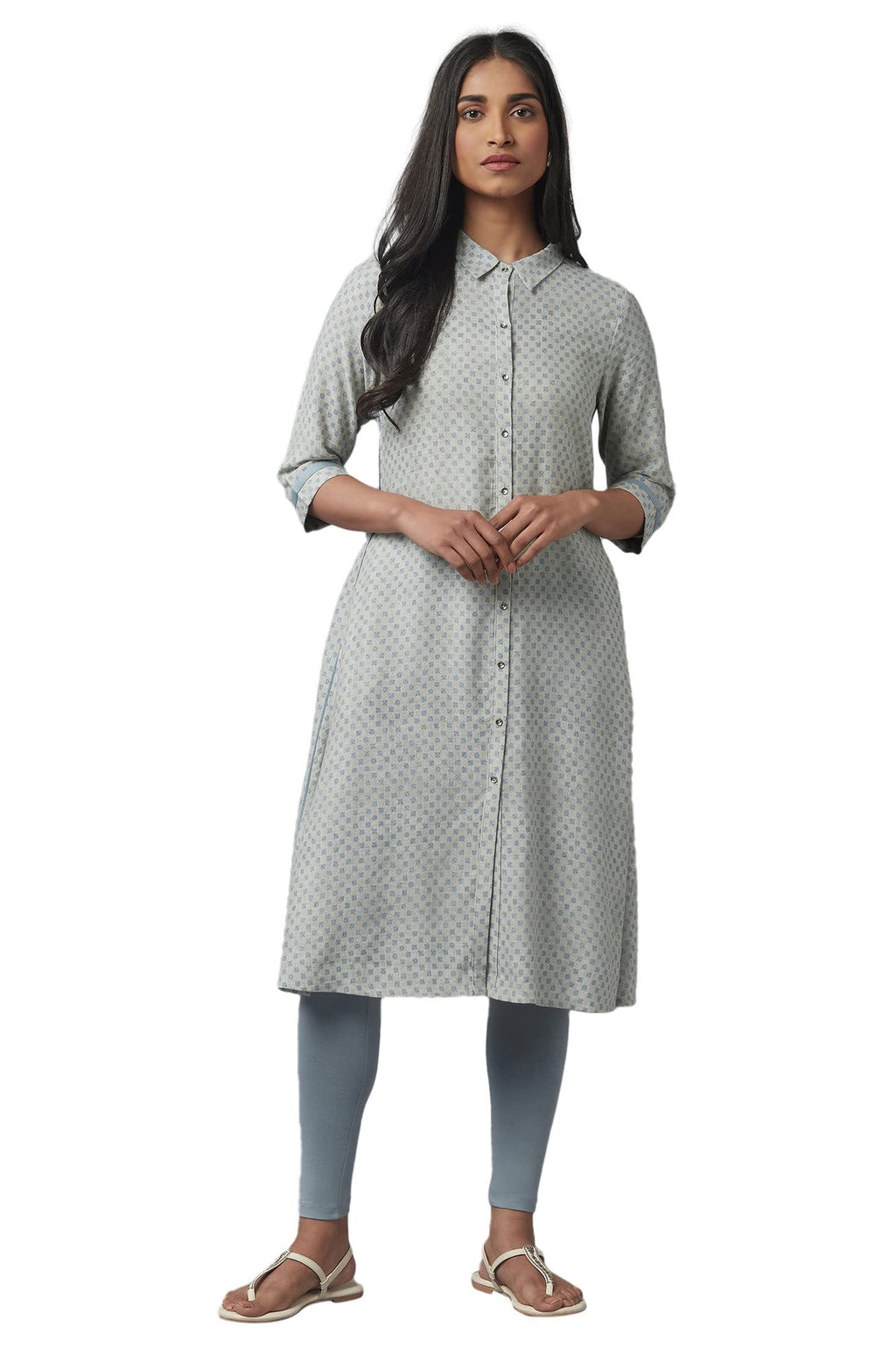 W For Woman Rayon Grey Checked Shirt Collar A Line Kurta_22Few17286-116747_5Xl
