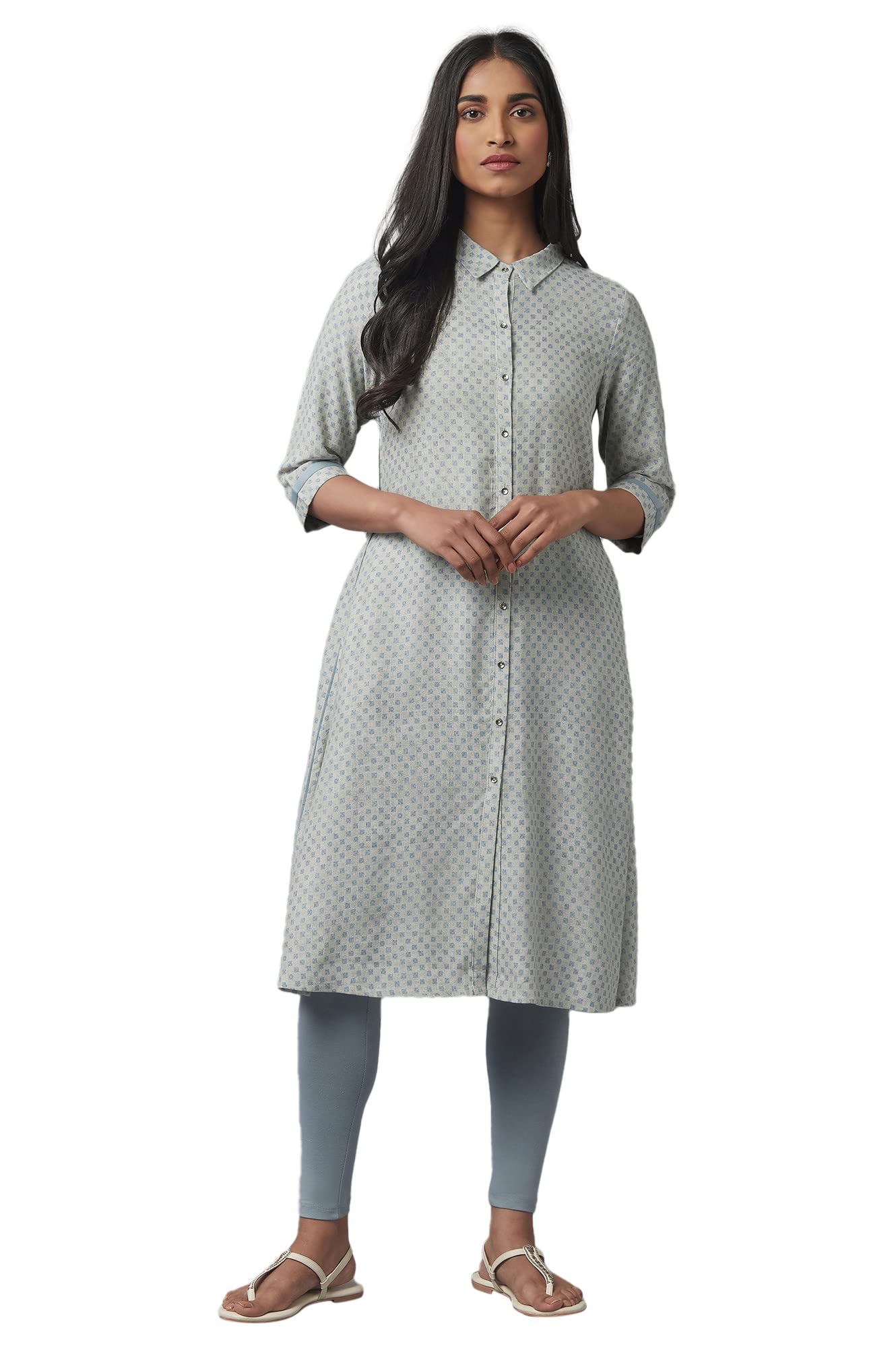 W For Woman Rayon Grey Checked Shirt Collar A Line Kurta_22Few17286-116747_5Xl