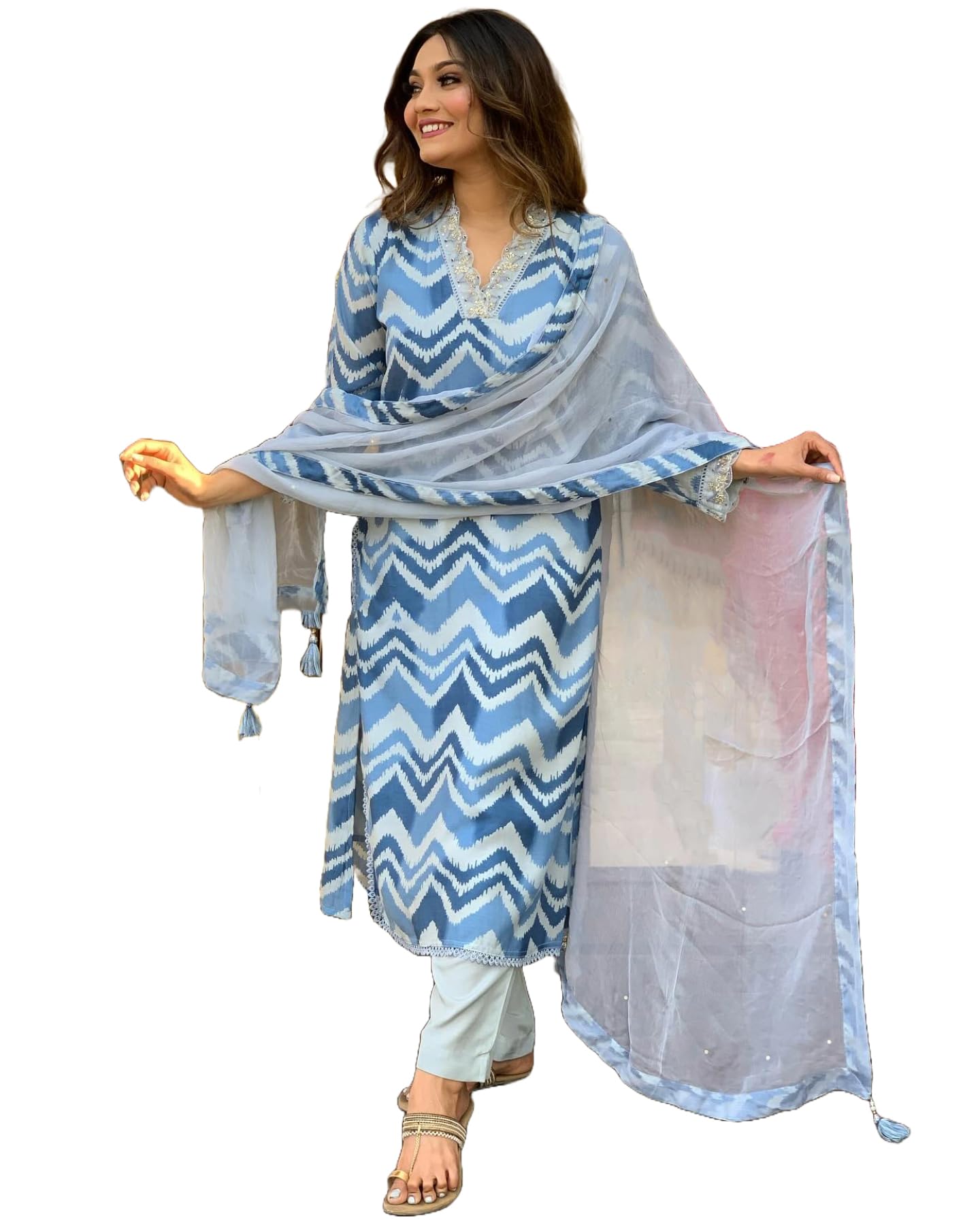 ANNI DESIGNER Womens Cotton Blend Straight Printed Kurta with Pant & Dupatta (Aroor Blue_S_Blue_Small)