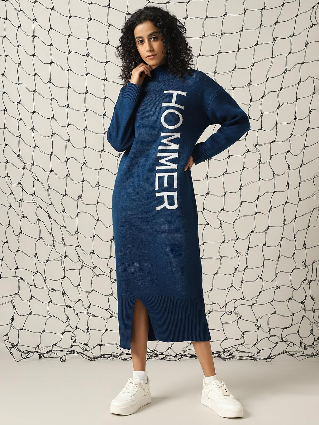 Hubberholme Women Acrylic Knitted Loose Fit Turtle Neck Full Sleeves Bodycon Dresses Navy