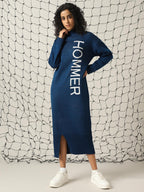 Hubberholme Women Acrylic Knitted Loose Fit Turtle Neck Full Sleeves Bodycon Dresses Navy