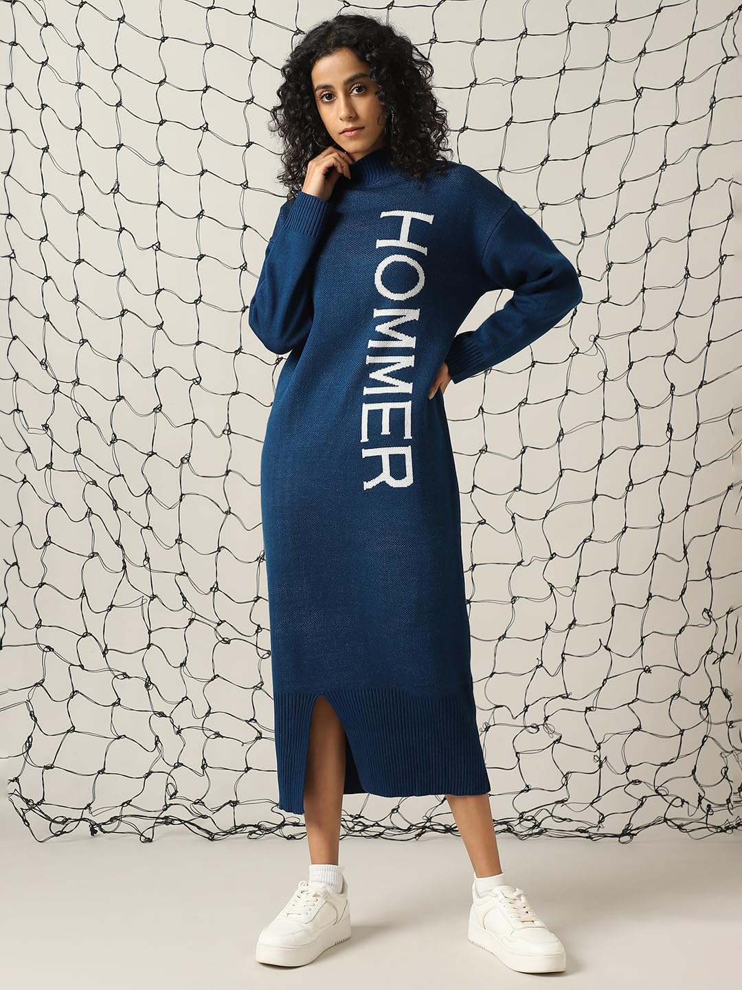 Hubberholme Women Acrylic Knitted Loose Fit Turtle Neck Full Sleeves Bodycon Dresses Navy