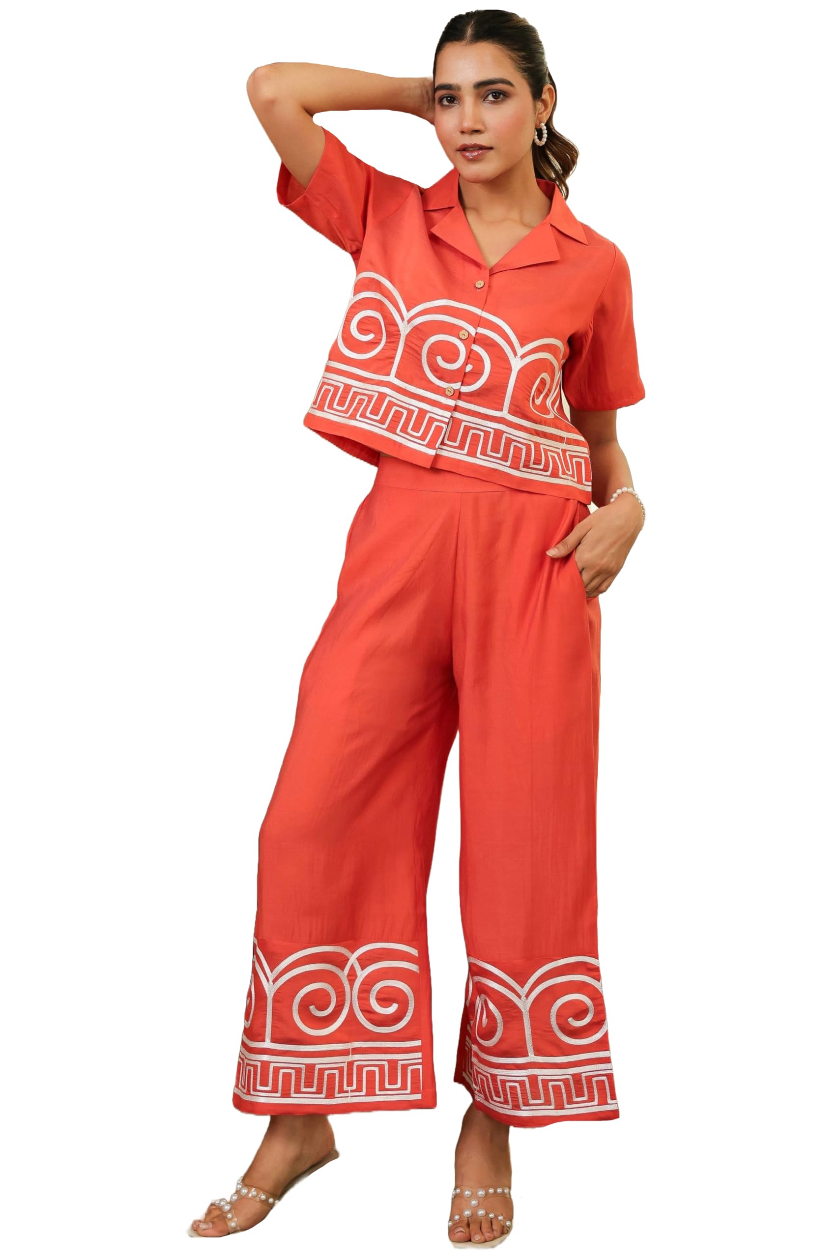 ANNI DESIGNER Womens Embroidery Relaxed Fit Shirt with Palazzo Co-Ord Set (SIMLA RUST-VKS01_4XL_Rust_XXXX-Large)