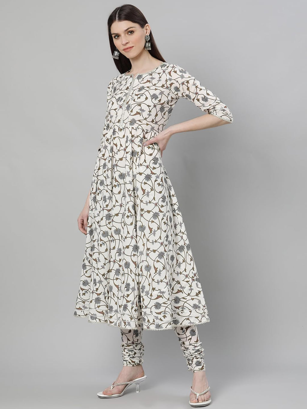 Libas White Printed Cotton Anarkali Kurta With Churidar & Dupatta