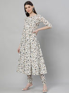Libas White Printed Cotton Anarkali Kurta With Churidar & Dupatta